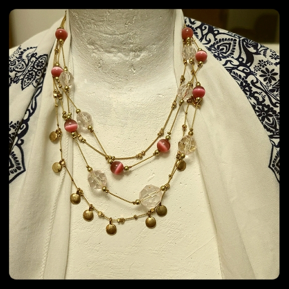 Multi layer Pink Cat Eye Beaded Gold tone chains